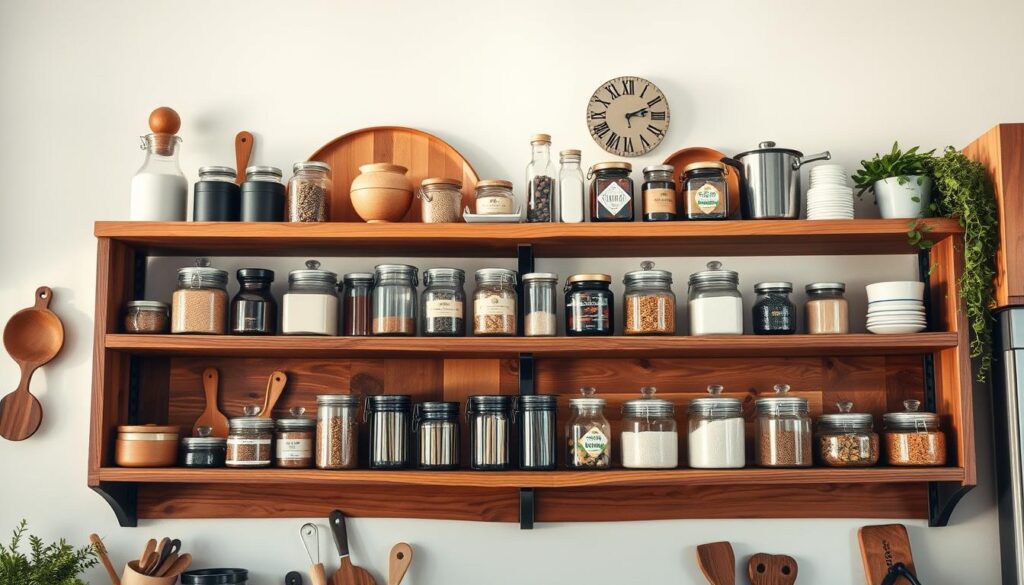 A wooden shelf adorned with various kitchen utensils, spices, and decor items, bathed in warm, natural lighting that highlights the grain of the wood. The shelf is set against a backdrop of a cozy, inviting kitchen, with hints of modern appliances and neutral-toned cabinetry. The overall scene conveys a sense of organization, functionality, and a touch of rustic charm, catering to the preferences of a Brazilian audience.