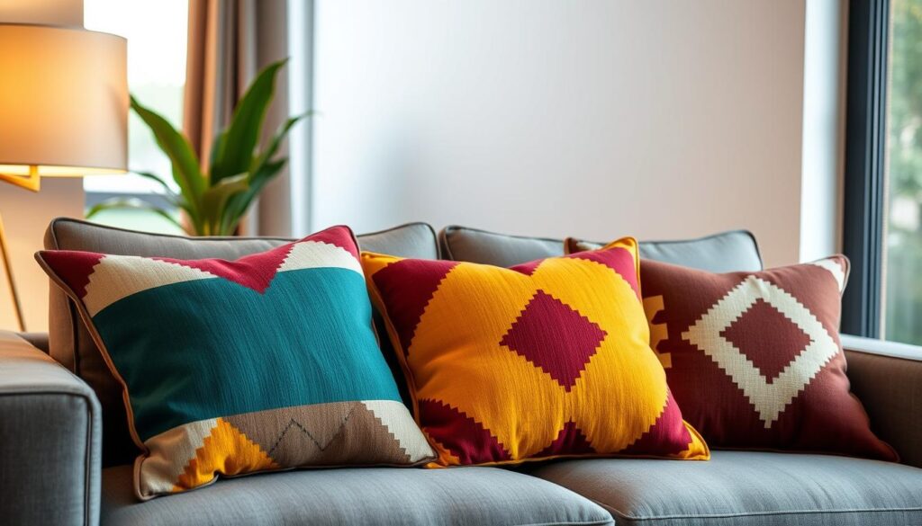 High-quality geometric throw pillows arranged artfully on a modern, minimalist gray sofa. The pillows feature bold, contrasting patterns in a variety of geometric shapes and vibrant colors like teal, mustard, and burgundy. Warm, diffused lighting from a nearby window casts a soft glow, creating depth and dimension. The overall scene exudes a sense of sophisticated, contemporary style perfectly suited for a chic Brazilian living space. High-quality geometric throw pillows arranged artfully on a modern, minimalist gray sofa. The pillows feature bold, contrasting patterns in a variety of geometric shapes and vibrant colors like teal, mustard, and burgundy. Warm, diffused lighting from a nearby window casts a soft glow, creating depth and dimension. The overall scene exudes a sense of sophisticated, contemporary style perfectly suited for a chic Brazilian living space.