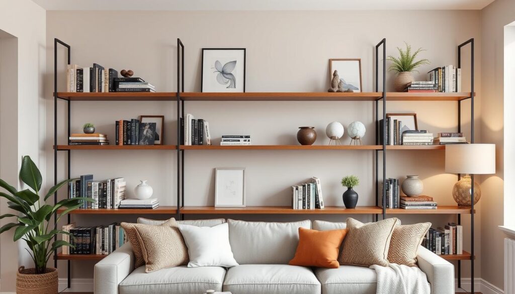 Imagem de prateleiras decorativas para sala com livros e objetos decorativos Imagem de prateleiras decorativas para sala com livros e objetos decorativos