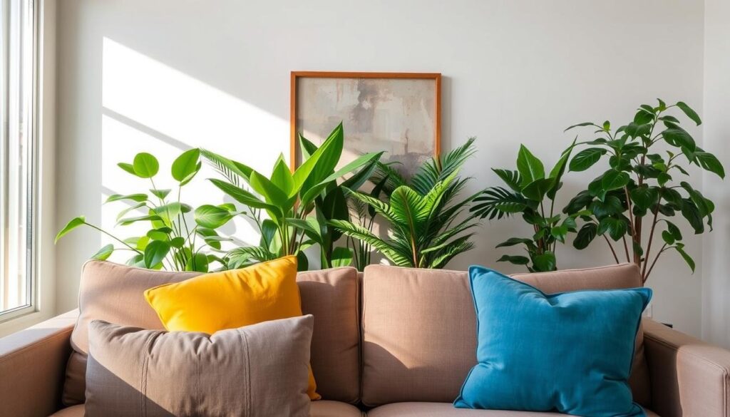 Imagem de uma sala de estar com plantas decorativas atrás do sofá Imagem de uma sala de estar com plantas decorativas atrás do sofá