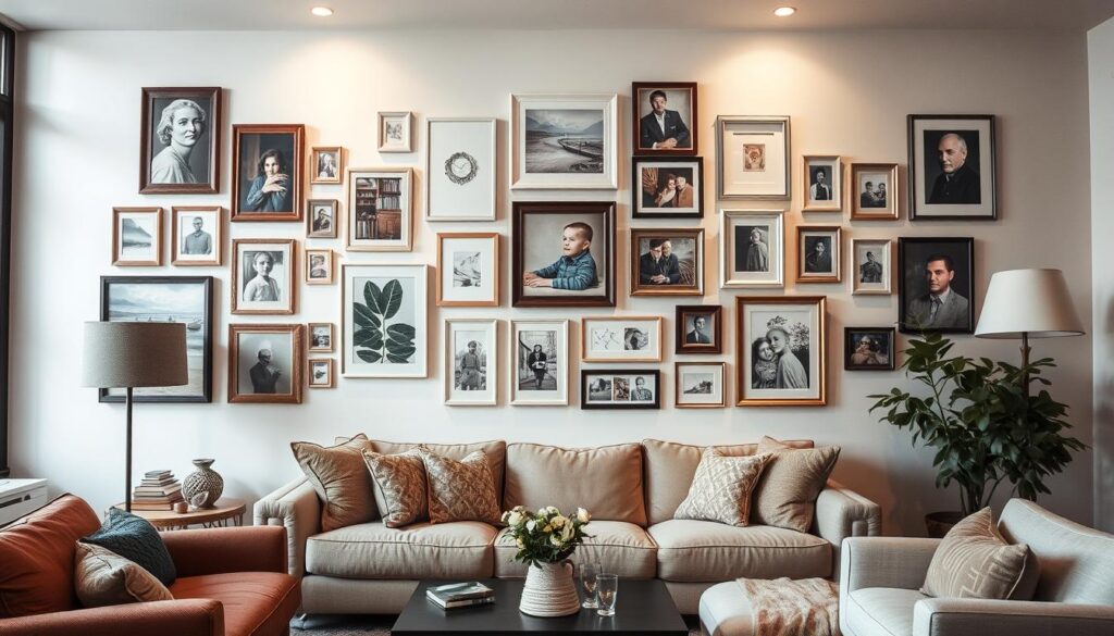 Imagem de uma sala de estar com uma parede decorada com quadros de diferentes tamanhos e molduras. Imagem de uma sala de estar com uma parede decorada com quadros de diferentes tamanhos e molduras.