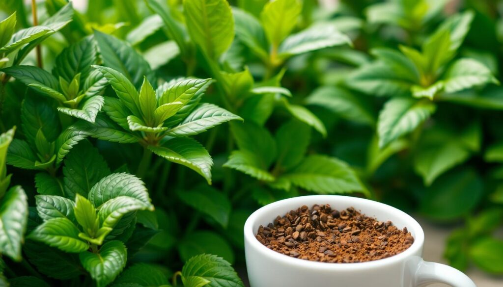Imagem de uma xícara de café com borra ao lado de plantas verdes