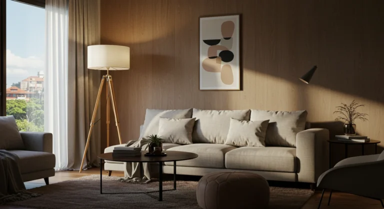 Capa de blogpost mostrando sala moderna e elegante decorada com abajur de chão, ambiente acolhedor e sofisticado, com iluminação natural e móveis contemporâneos.