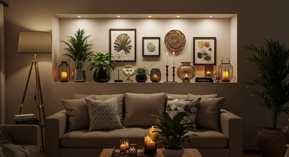Uma sala de estar aconchegante e convidativa com um espaço elegantemente decorado atrás de um sofá moderno e luxuoso. A iluminação suave cria um brilho aconchegante, destacando um arranjo cuidadosamente selecionado de elementos decorativos – plantas exuberantes em vasos, velas artisticamente posicionadas e uma mistura eclética de quadros e esculturas. A estética geral combina perfeitamente influências contemporâneas e rústicas, refletindo uma sensibilidade única de inspiração brasileira. A composição é equilibrada e visualmente atraente, atraindo o olhar para este nicho lindamente decorado que eleva todo o ambiente do ambiente.