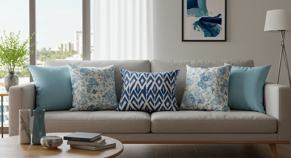 Sofá moderno com 2 almofadas geométricas em azul e branco combinadas com 3 almofadas em estampas florais e abstratas, criando equilíbrio e sofisticação na decoração de interiores.