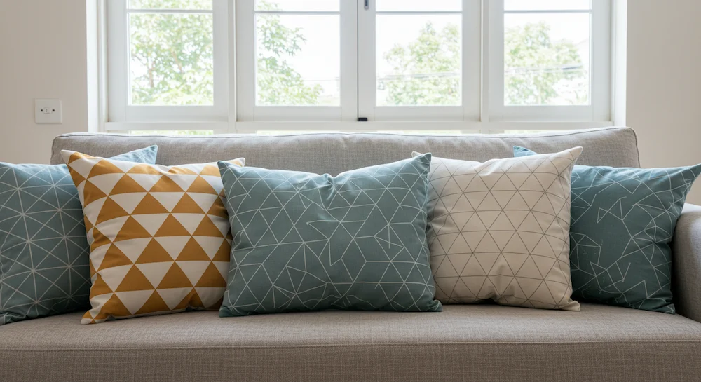 Sala de estar moderna no Brasil com almofadas decorativas estampadas com padrões geométricos populares, como triângulos e hexágonos, em destaque sobre o sofá.