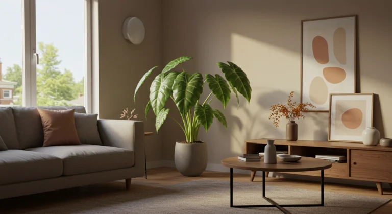 Sala moderna e aconchegante com Alocasia Amazonica como ponto focal, valorizando a decoração e a harmonia do ambiente.