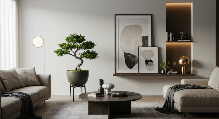 Sala moderna e contemporânea com um pequeno bonsai, Lírio da Paz, quadros e móveis elegantes, mostrando decoração harmoniosa e sofisticada.
