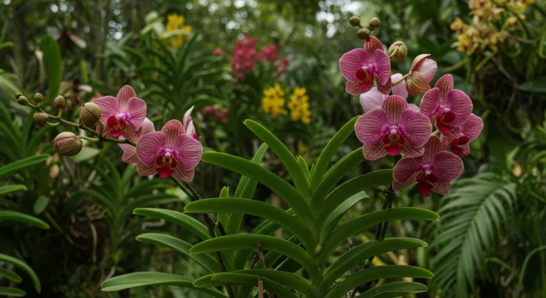 Orquídeas saudáveis e floridas em um jardim brasileiro, com folhas verdes vibrantes e flores coloridas, representando crescimento e nutrição natural das plantas.