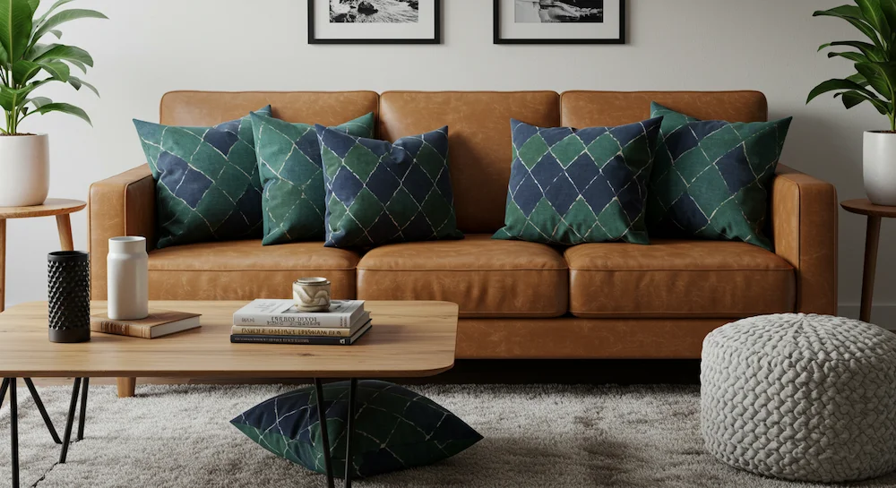 Sala de estar moderna com sofá de couro marrom e almofadas geométricas em azul marinho e verde, combinando com móveis e elementos decorativos de forma harmoniosa.