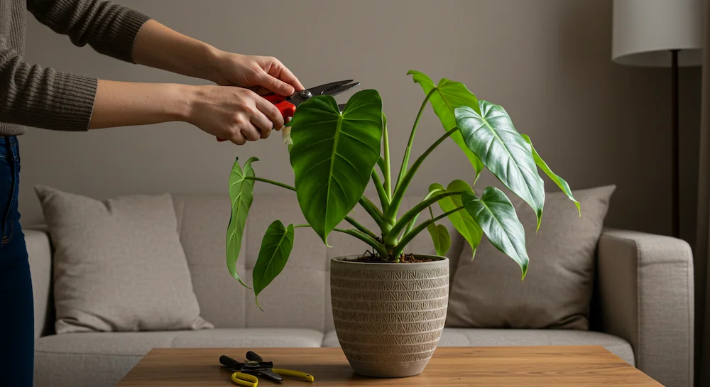 Pessoa podando um guaimbé em casa, destacando a manutenção e renovação visual da planta em sala decorada.