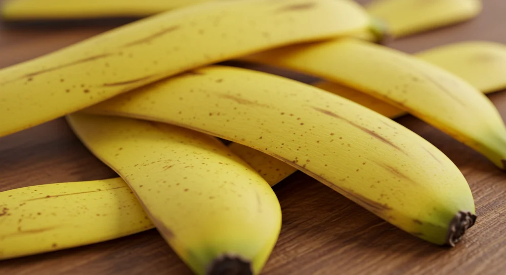 Cascas de banana frescas sobre superfície de madeira, mostrando textura e cor, ideais como adubo natural rico em potássio.
