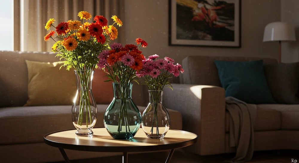 Três vasos de vidro de diferentes alturas e formatos decorando sala moderna, com flores coloridas, criando composição artística, equilibrada e elegante, com iluminação natural e ambiente acolhedor.