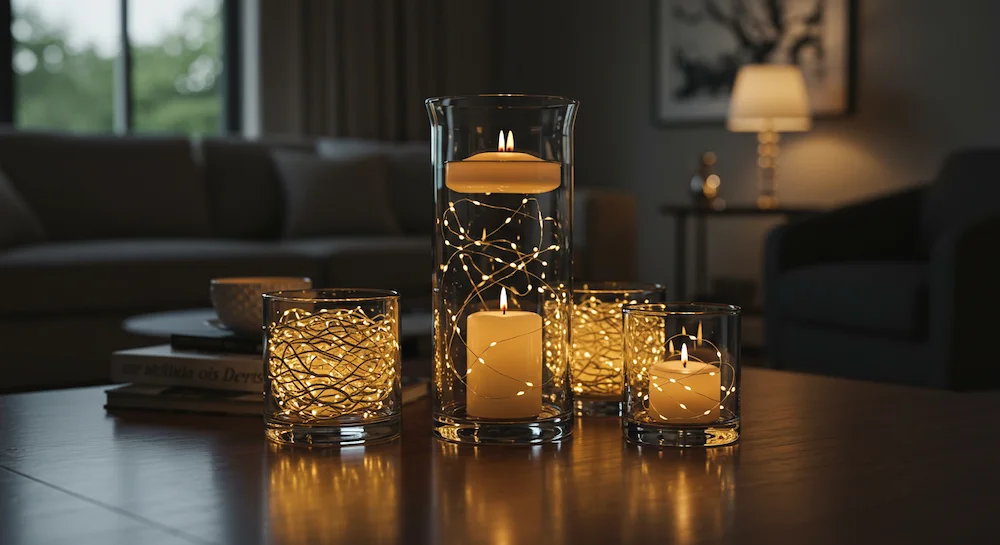 Composições com velas flutuantes e luzes de LED em vasos de vidro decorando sala moderna, criando pontos de iluminação aconchegantes e atmosféricos, com velas de diferentes tamanhos e ambiente elegante e acolhedor.