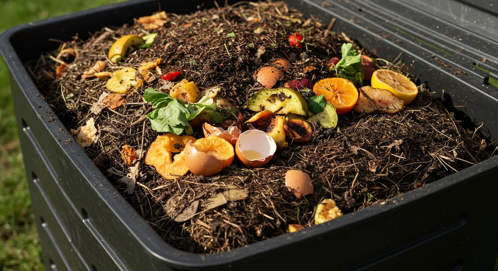 Composteira doméstica com restos de alimentos e folhas secas, transformando resíduos em adubo orgânico rico e nutritivo.
