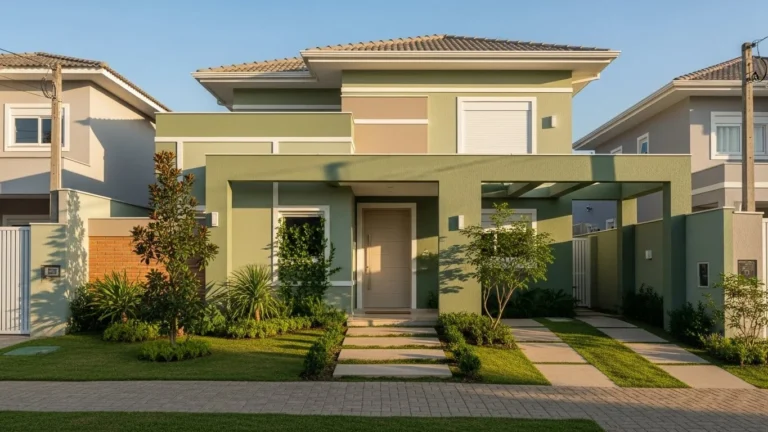 Fachada de casa brasileira em tons verdes naturais, com design moderno e integração com elementos da natureza