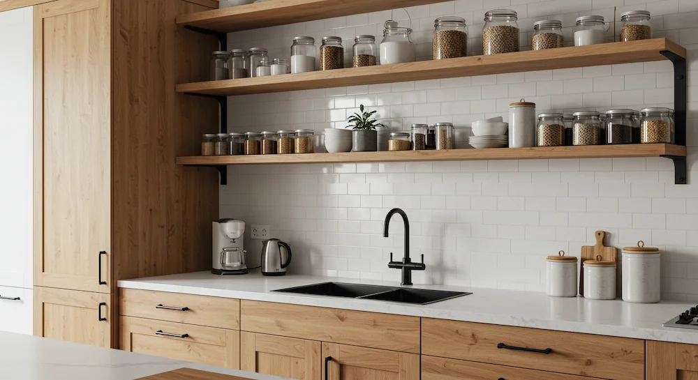 Prateleiras de cozinha em madeira maciça e MDF, tons naturais e branco brilho, combinadas com bancadas em quartzo e pedras neutras, ferragens em metal preto, visual moderno, organizado e iluminado.