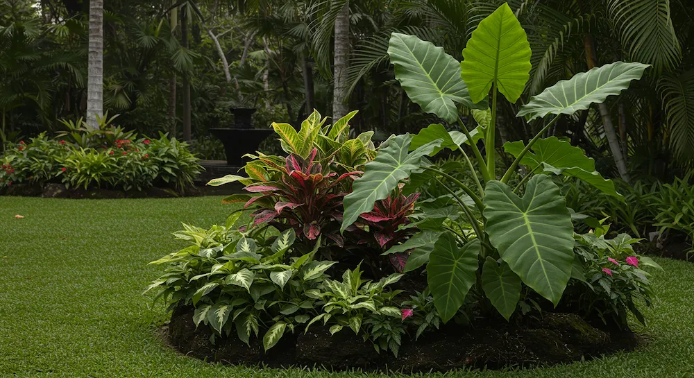 Uma cena tropical exuberante com uma vibrante planta guaimbé em primeiro plano, suas grandes folhas verdejantes balançando suavemente no ar quente e úmido. No plano central, um arranjo harmonioso de plantas de folhagem complementar, com suas diversas formas e texturas criando uma composição visualmente cativante. O fundo apresenta um vislumbre de um tranquilo oásis de jardim, com palmeiras imponentes e uma fonte de água serena que reflete a beleza natural do cenário. A iluminação é suave e difusa, lançando um brilho suave sobre a cena e destacando as cores ricas e saturadas das plantas. A atmosfera geral é a de um retiro tropical sereno, exuberante e convidativo, capturando perfeitamente a essência da seção "Dica 3: Combinando o Guaimbé com outras plantas" do artigo.