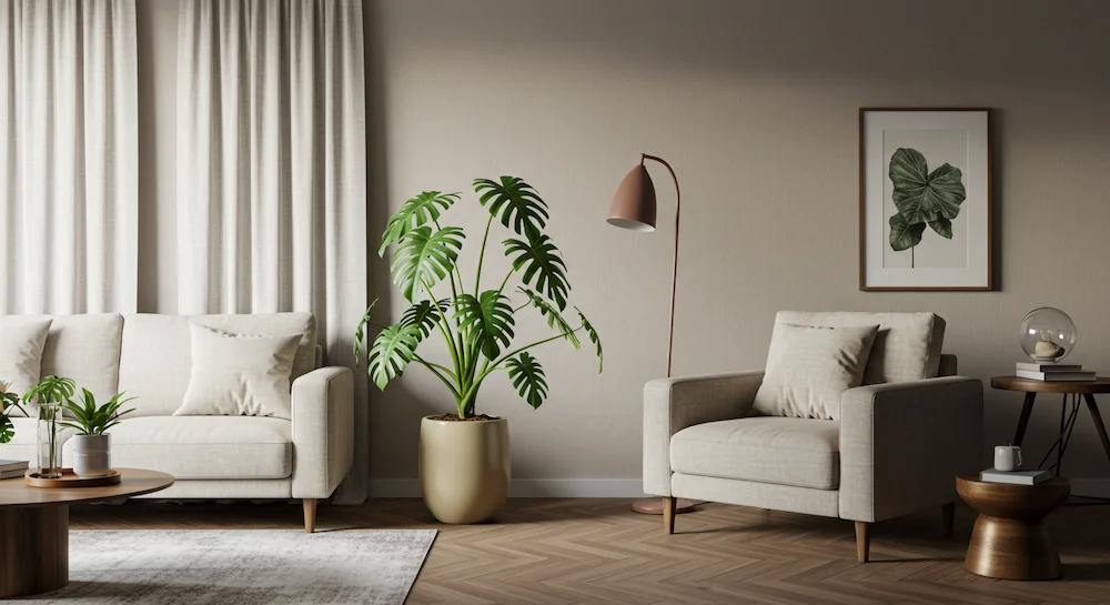 Sala de apartamento com um vaso de guaimbé, destacando a planta e integrando-a harmoniosamente à decoração.