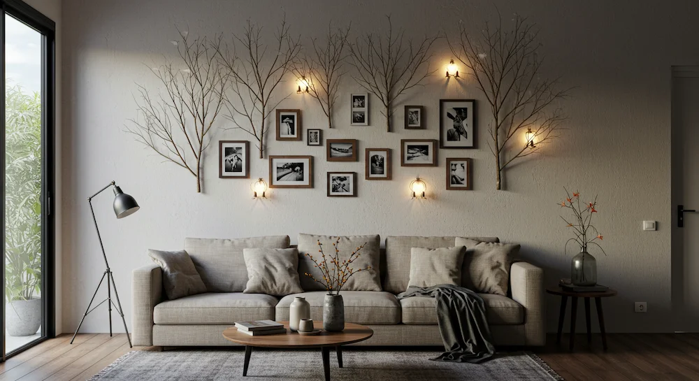 Parede de sala brasileira decorada com galhos secos em instalação artística, combinada com quadros e objetos decorativos, criando ponto focal no ambiente.