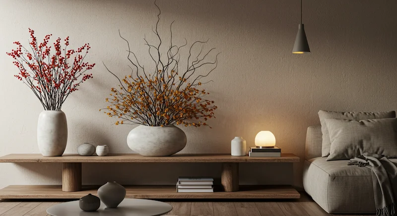 Arranjo decorativo brasileiro combinando galhos secos e flores secas, criando textura, cor e charme natural em ambiente interno.