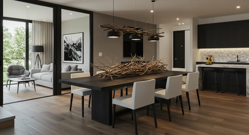 Sala de jantar brasileira com mesa minimalista decorada com centro de mesa de galhos secos, criando contraste e textura natural.