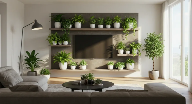 Painel de TV decorado com plantas