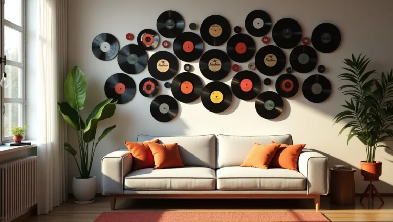 sala moderna decorada com discos de vinil na parede, combinando capas coloridas e vinis, criando ambiente criativo, elegante e acolhedor.