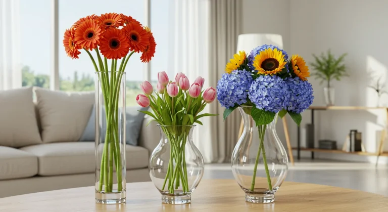 Capa do blogpost mostrando sala moderna com vasos de vidro elegantes decorando a mesa de centro, flores vibrantes e elementos decorativos, criando ponto focal sofisticado e acolhedor, iluminação natural e ambiente elegante.