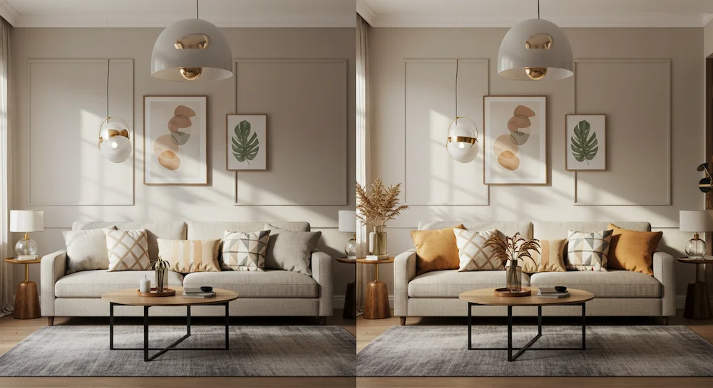 Imagem dividida mostrando sala de estar moderna com almofadas geométricas em cores claras no verão e almofadas geométricas em tons quentes no inverno, destacando a renovação sazonal na decoração de interiores.