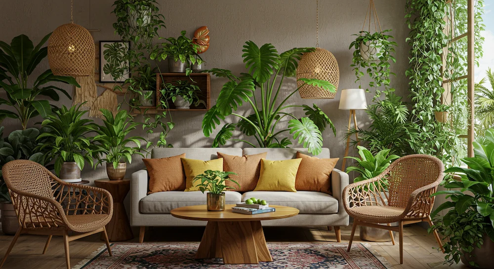 Sala de apartamento com decoração Urban Jungle, com guaimbé e outras plantas tropicais, criando um ambiente exuberante, acolhedor e vibrante.