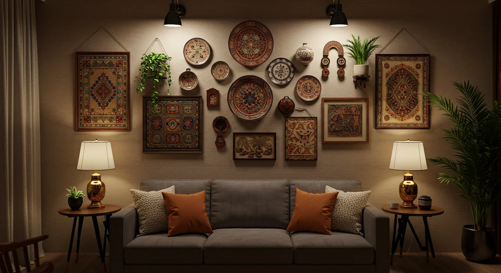 Uma sala de estar aconchegante com um sofá macio como ponto focal. A parede atrás do sofá apresenta uma exposição de arte e decoração brasileiras, cuidadosamente selecionada, criando uma atmosfera acolhedora e convidativa. Tapeçarias intrincadas, cerâmicas vibrantes e vegetação exuberante adornam o espaço, refletindo a rica herança cultural do Brasil. A iluminação é suave e ambiente, projetando um brilho suave por todo o ambiente. A composição enfatiza a importância da parede atrás do sofá, mostrando como um estilo intencional pode transformar um espaço simples em um design visualmente cativante e harmonioso.