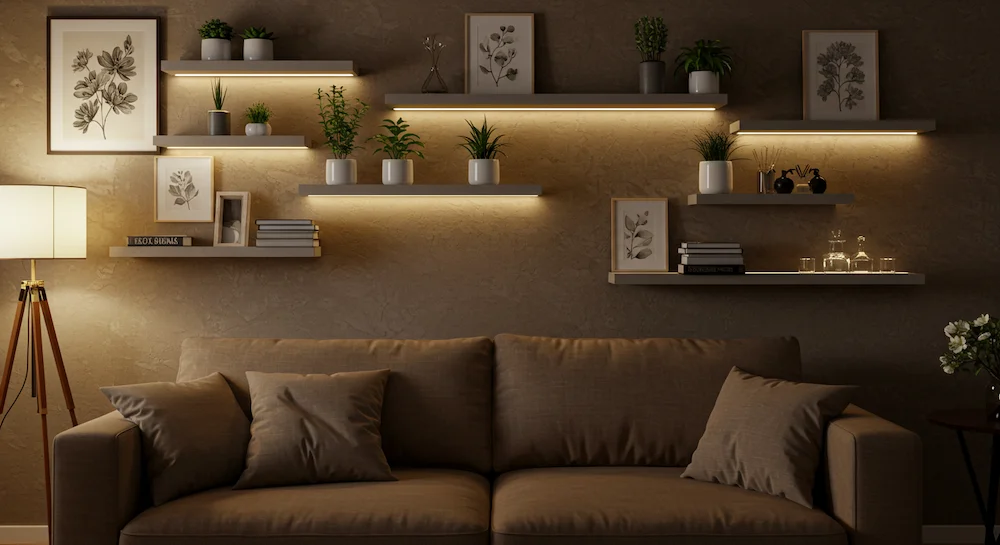 Uma sala de estar aconchegante e convidativa com um sofá macio em primeiro plano. Atrás do sofá, uma parede texturizada exibe uma variedade de elementos decorativos de bom gosto, incluindo prateleiras flutuantes, vasos de plantas e delicadas obras de arte. A iluminação é suave e difusa, criando uma atmosfera aconchegante. O cenário geral exala sofisticação e atenção aos detalhes, perfeito para um público brasileiro em busca de inspiração para decorar o espaço atrás de seus sofás.