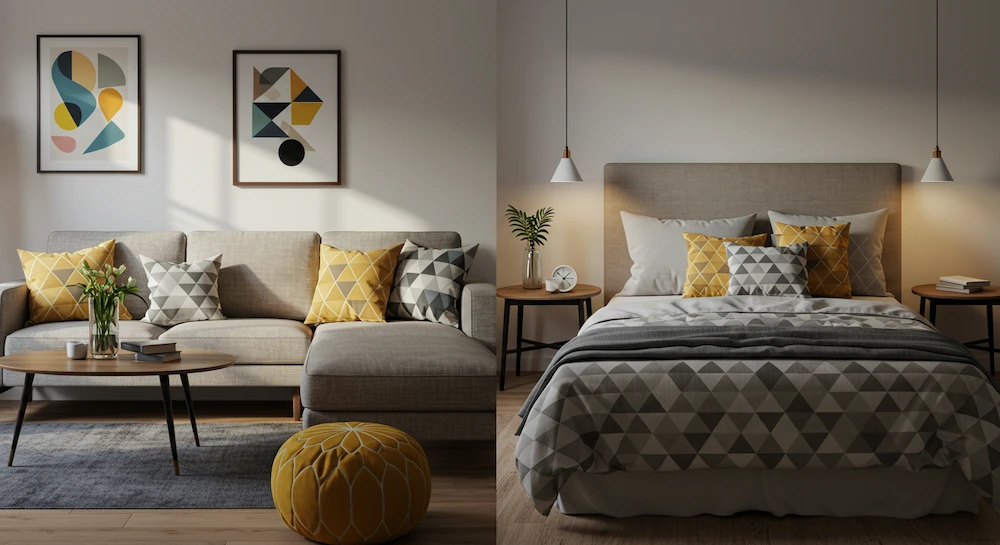 Imagem dividida mostrando sala de estar moderna com sofá decorado com almofadas geométricas e quarto aconchegante com cama arrumada e almofadas de estampas geométricas, destacando a distribuição estratégica na decoração de interiores.