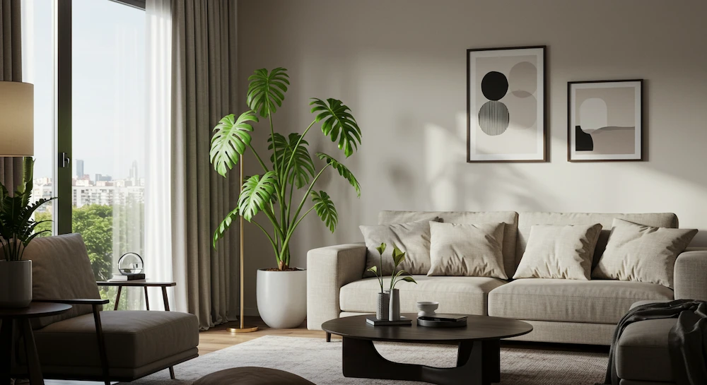 Sala moderna com guaimbé próximo à janela, recebendo luz natural difusa, em um ambiente elegante e aconchegante.