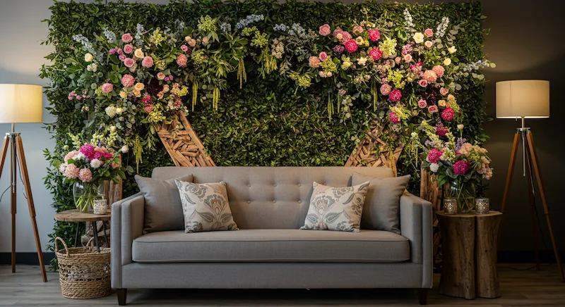 Uma sala de estar aconchegante com um sofá macio como ponto focal. Atrás do sofá, uma bela exibição de vegetação exuberante, flores vibrantes e detalhes rústicos em madeira. O arranjo cria uma atmosfera acolhedora e convidativa, combinando elementos naturais com a decoração moderna. Uma iluminação suave e difusa ilumina o ambiente, projetando um brilho suave e realçando os detalhes texturizados. A composição geral é harmoniosa, atraindo o olhar do observador para o espaço cuidadosamente projetado atrás do sofá. A imagem deve evocar uma sensação de relaxamento e inspirar o observador a explorar ideias decorativas semelhantes para suas próprias casas.