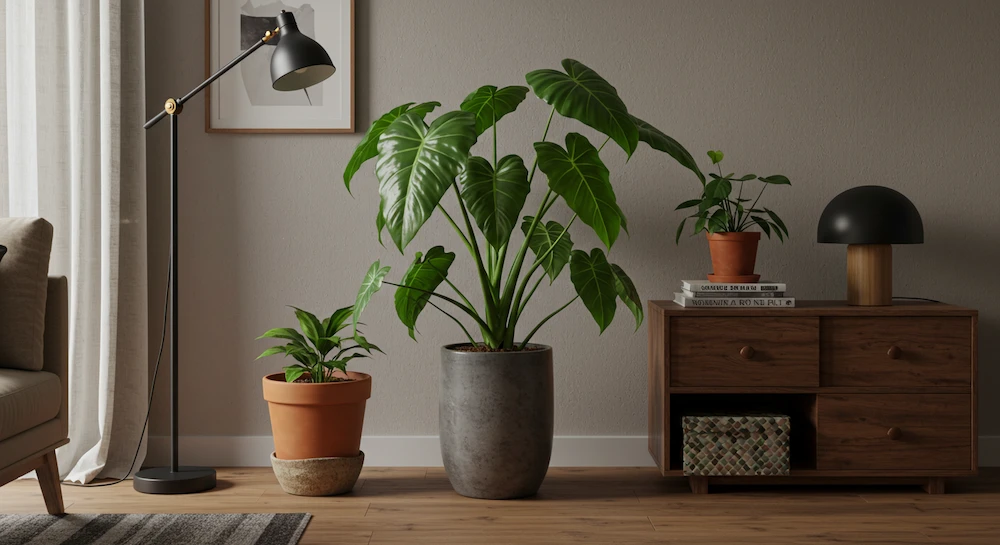 Sala de apartamento com guaimbé em vasos de cerâmica, terracota e reciclados, destacando criatividade e elegância na decoração.