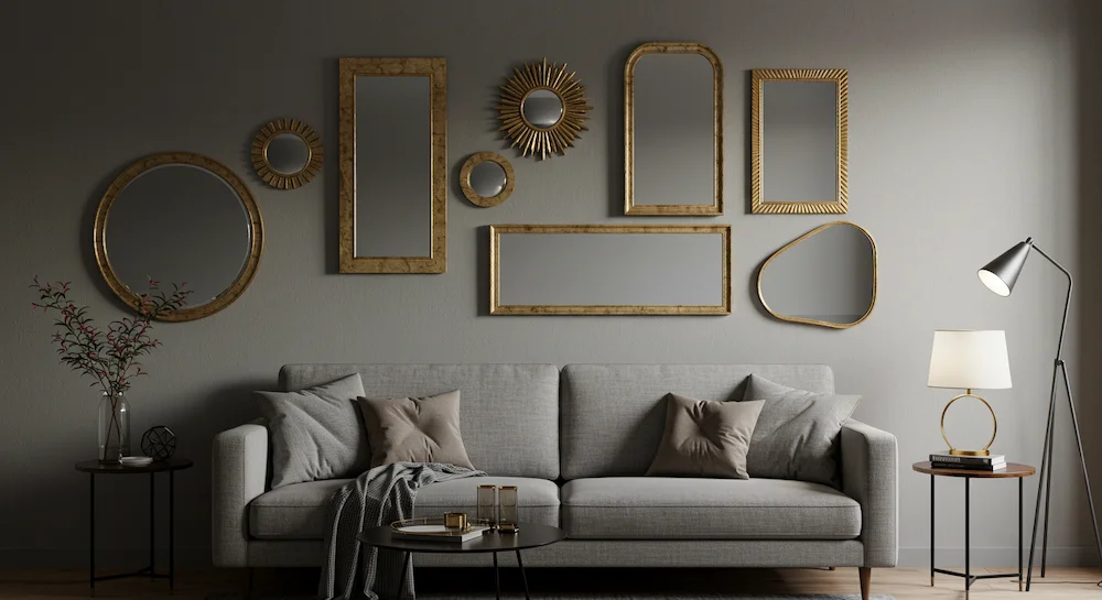 Sala de estar moderna com sofá e espelhos decorativos na parede atrás, em formatos redondos, retangulares e irregulares, refletindo luz e ampliando o ambiente.