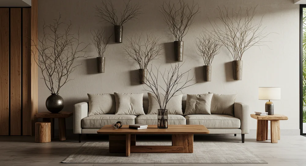 Ambiente interno minimalista brasileiro decorado com galhos secos, criando contraste, textura natural e harmonia com móveis de linhas retas e paleta de cores neutras.