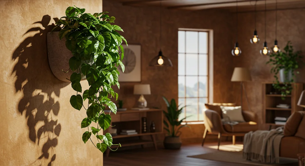 Um cenário interior lindamente elaborado, com uma planta guaimbé exuberante e verdejante pendendo graciosamente de um vaso decorativo fixado na parede. As folhas largas e brilhantes do guaimbé projetam sombras suaves, criando um ambiente sereno e natural. A iluminação quente e difusa de uma grande janela banha o espaço, realçando os vibrantes tons de verde da planta e criando um brilho aconchegante. O guaimbé é a peça central, combinando perfeitamente com a decoração do ambiente – móveis rústicos de madeira, tecidos em tons terrosos e sutis detalhes metálicos. Esta composição harmoniosa exala uma estética tranquila de inspiração brasileira, perfeitamente adequada para um ambiente moderno, porém convidativo.