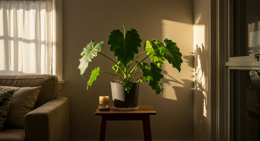 Um interior aconchegante e bem iluminado, com uma planta guaimbé exuberante e verdejante disposta com destaque sobre uma mesa lateral de madeira. As folhas largas e brilhantes da planta caem em cascata elegantemente, projetando sombras suaves sobre o espaço minimalista e organizado. Uma iluminação suave e indireta penetra pelas amplas janelas, criando um ambiente sereno e natural. O ambiente é realçado por tons neutros e materiais naturais, permitindo que o guaimbé ocupe o centro das atenções como ponto focal. Uma atmosfera calma e convidativa que inspira contemplação e uma sensação de harmonia entre a planta e o ambiente interno.