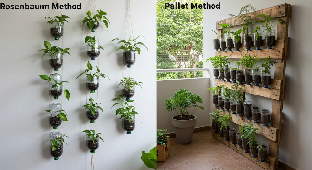 Comparação entre método Rosenbaum e método com pallet para montar jardim vertical com garrafas PET, mostrando garrafas suspensas em cordão e garrafas fixadas em pallet de madeira com plantas.
