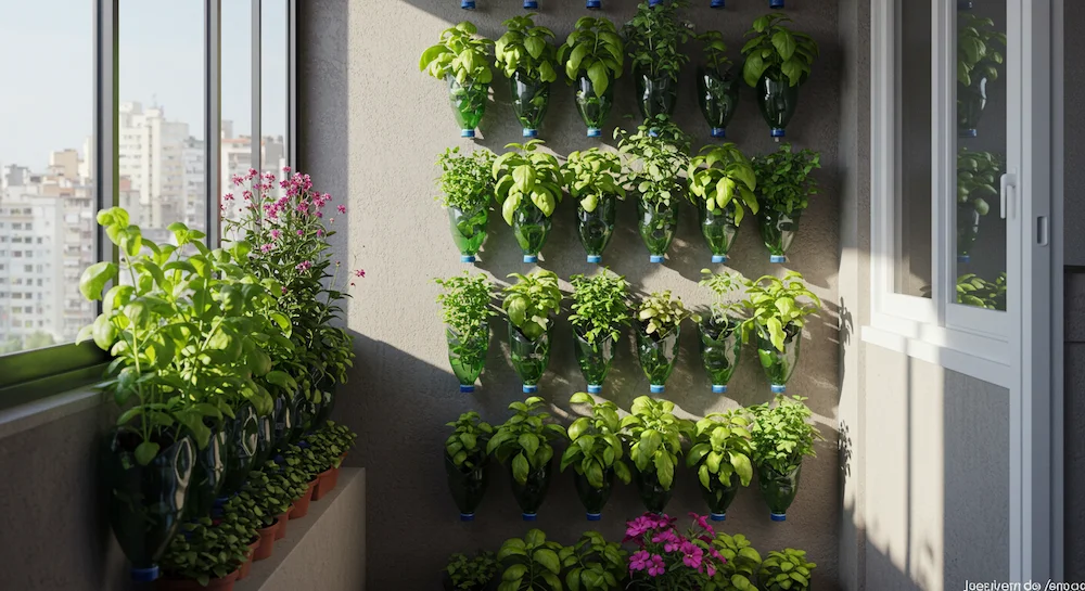 Jardim vertical em apartamento pequeno no Brasil feito com garrafas PET recicladas, aproveitando o espaço limitado da varanda.
