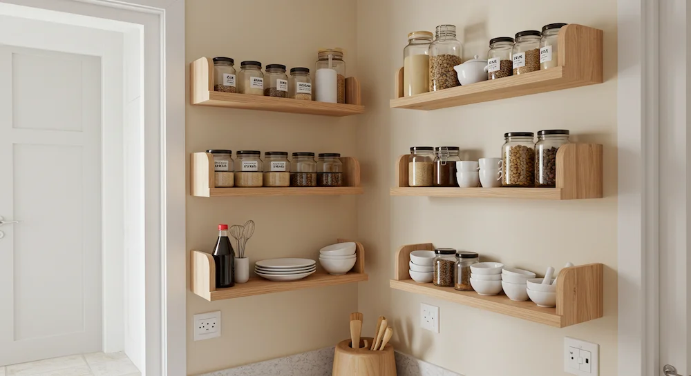 Parede estreita de cozinha com prateleiras de madeira tripla e kits padronizados, organizando frascos, pratos pequenos e acessórios de forma vertical, prática e decorativa.