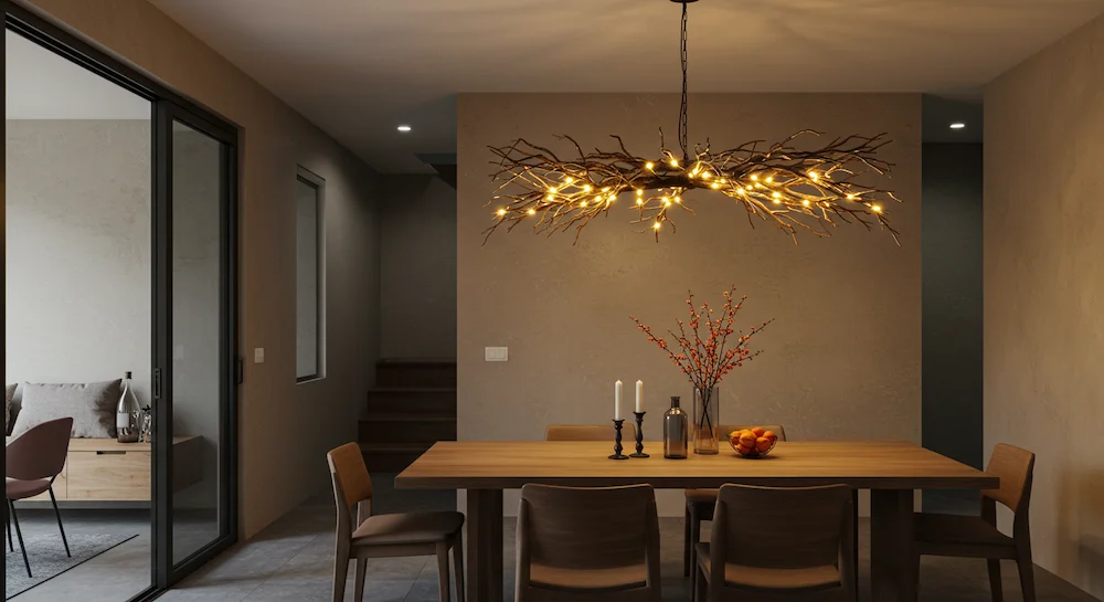 Sala de jantar moderna brasileira com luminária feita de galhos secos sobre a mesa, criando ponto focal rústico e elegante.