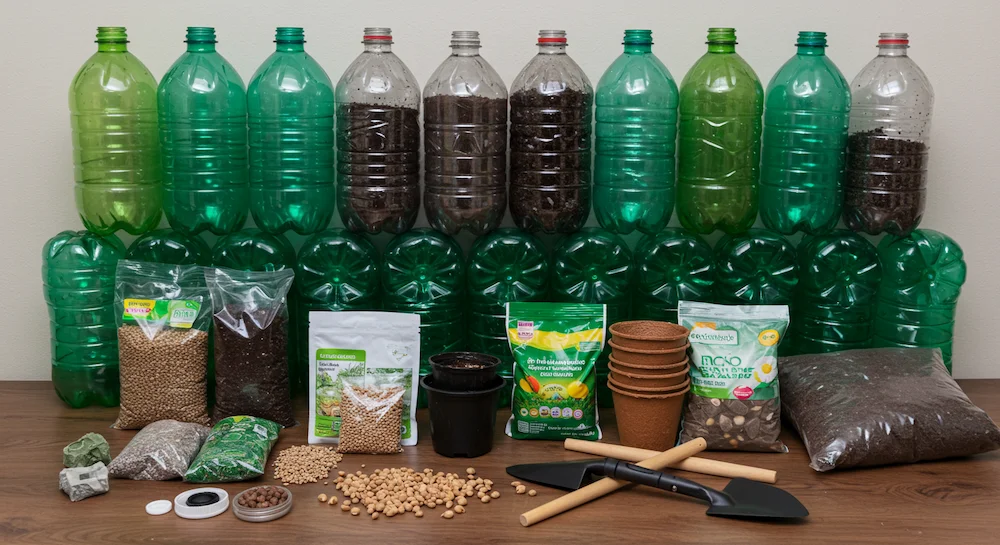 Jardim vertical em apartamento pequeno no Brasil feito com garrafas PET recicladas, aproveitando o espaço limitado da varanda.
