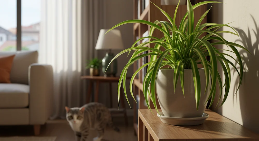 Planta-aranha em vaso decorando sala aconchegante, segura para gatos e ideal para purificação do ar.