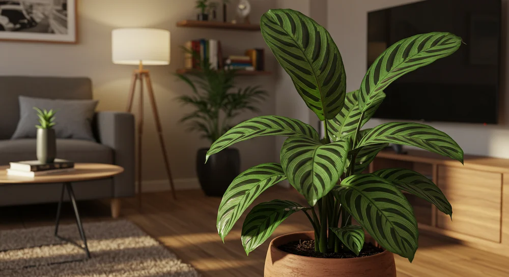 Maranta-cascavel em vaso decorativo em sala de estar aconchegante, planta segura para gatos e cheia de charme.