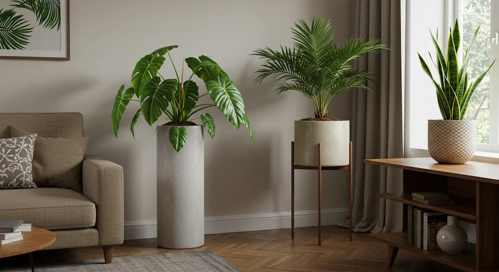 Sala de apartamento decorada harmonicamente com guaimbé, palmeira-sagu e barba-de-serpente, criando um ambiente tropical elegante e acolhedor.