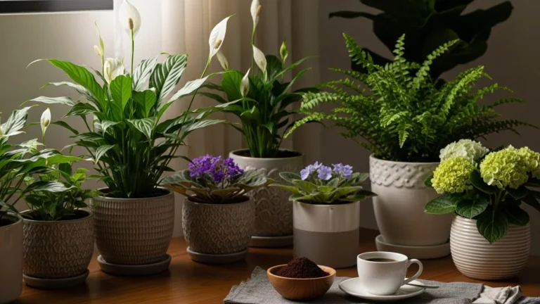 Borra de café sendo usada como adubo natural para plantas em casa brasileira bem iluminada, com vasos decorativos e ambiente aconchegante ideal para jardinagem sustentável.